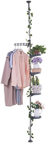 BAOYOUNI 5-Layer Tension Pole Plant Stands Indoor Metal Flower Display Rack Space Saver Floral Pot Hanging Shelf,Grey