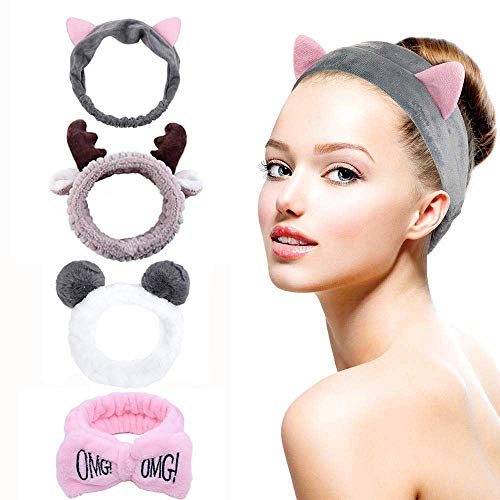 G&T Spa Headband, 4 Pack Cute Headbands for Washing Face, Coral Fleece Makeup Headband, Bow Headbands for Shower Terry Cloth Headbands for Women Facial Hair Band