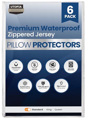 Utopia Bedding 6 Pack Waterproof Pillow Protectors with Zipper Standard Size (White), Bed Bug and Dust Mite Proof Pillow case Covers, Moisture Wicking Pillow Encasements 20 x 26 Inches