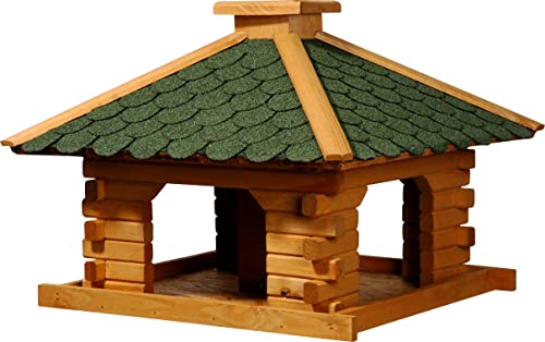 dobar® 45320e Vogelfutterhaus Blockhaus Quadratisch - Vogelhaus aus Massivholz - Vogelfutterstation mit Futtersilo - Vogelvilla mit Bitumenschindeldach - 50 x 50 x 38 cm - Grün