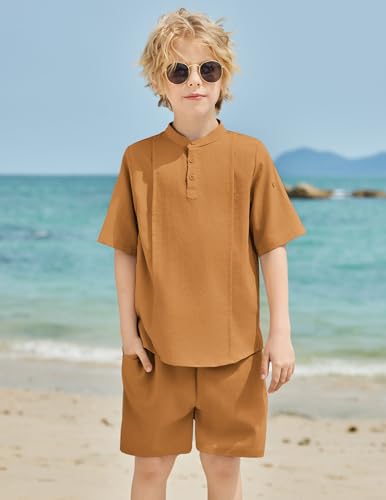 Image of Arshiner Boy's 2 Pieces Linen Sets Short Sleeve Henley Shirt and Shorts Summer Beach Matching Outfits 4-12 Years