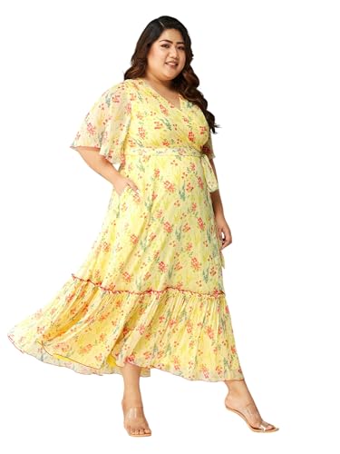 Image of Miss Chase A+ Women's Bohemian V-Neck Flutter Sleeve Chiffon Relaxed Fit Wrap Maxi Dress