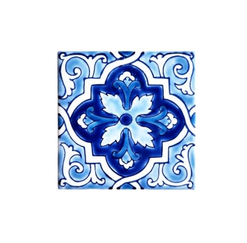 DŸARI Set of 9 Decorative Ceramic Tiles – Hand Painted Indoor & Outdoor Floor – Spanish Artisan Tile Top Kitchen – Mediterranean Decorative Tiles 4” × 4” – Durable Colorful Floor – 140 g (Blue 8)