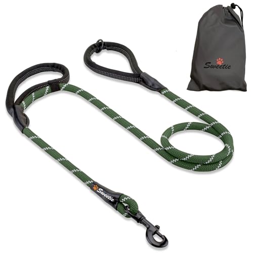 Guinzaglio per cani in corda verde, resistente, 2 manici imbottiti, 1,5 m, cani di taglia media e grande, riflettente, resistente alle intemperie.