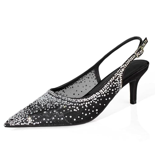 sarawill Women's Pointed Toe Mesh Kitten Heel Pumps Rhinestones Slip On Low Heel Party Office Dress Shoes for Women