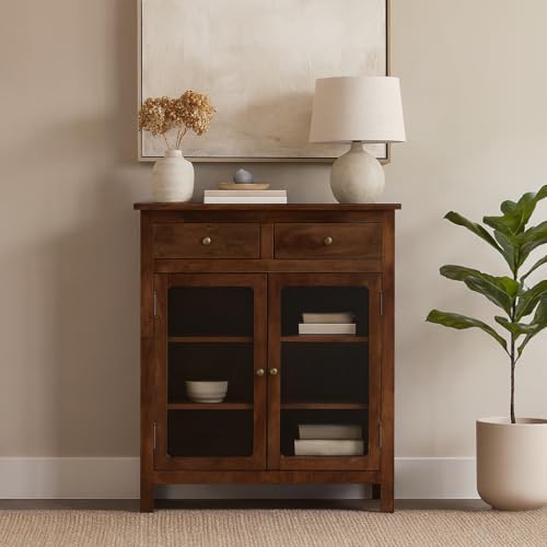 Image of Solid Wood Madrid Crockery Cabinet with Drawers | Kitchen Cabinet | Wooden Cabinet with Glass Doors | Finish- Tubaq