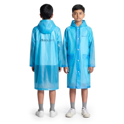 Image of Boldfit Raincoat for Kids Smart Back Long Raincoat with Hood Waterproof Rain Coat for Boys & Girls Lightweight School Poncho Jacket with Pockets & Buttons