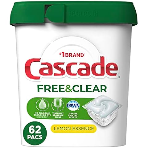 Cascade Free & Clear ActionPacs, Dishwasher Detergent, Lemon Essence, Dishwasher Soap, Dishwasher Pods, 62 Count Cover