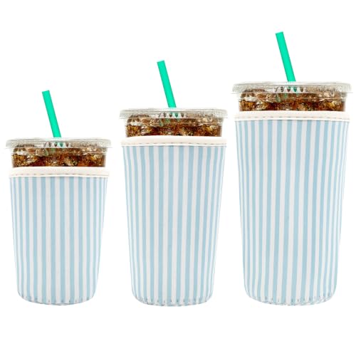 Image of YR Reusable Neoprene Insulator Sleeve for Iced Coffee Cups, 3 Pack Coffee Coolies sleeves for Iced & Hot Drinks, Cold Beverage Cooler Compatible with Starbucks Coffee and More (Green Stripes)