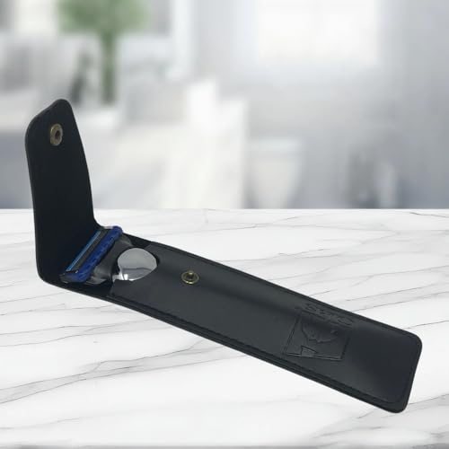 G.B.S Stylish Long Handle Textured Ergonomic Shaving Razor with Protective Leather Case for Travel, Chrome
