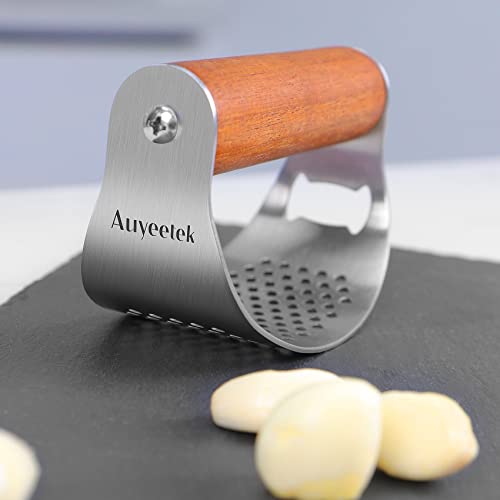 Auyeetek Knoblauchpresse Edelstahl Wippe Spülmaschinenfest Premium Griff aus Holz Knoblauchwippe Garlic Crusher Knoblauch Presse Testsieger Knoblauchschneider 10 * 5.1cm Groß Verdickt