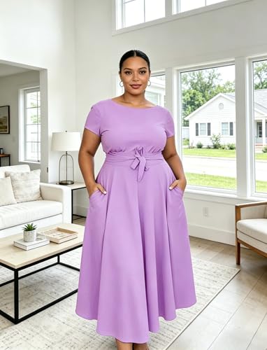 Image of Hostoyo Women Plus Size Formal A Line Maxi Dress Self Tie Waist with Pockets Elegant Round Neck Swing Long Dresses