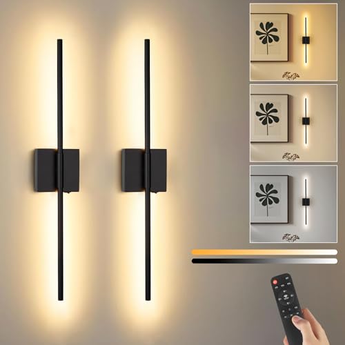 Image of Battery Operated Wall Sconce Set of Two with Remote Control, Rechargeable & Dimmable Wireless, Easy Install Peel and Stick, Timer Function, for Living Room, Bedroom, 28.3 inch (Black)