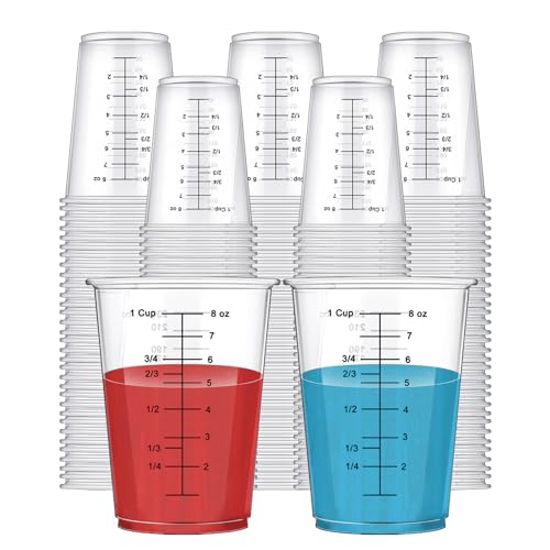 Hyuetrsa 200 Pack Disposable Measuring Cups 8 Oz Plastic Measuring Cups for Liquids Clear Plastic Epoxy Cups Paint Liquid Mixing Cups for Liquid Measuring, Paint Mixing, Baking Supplies