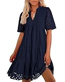 BTFBM Womens Boho Summer Dresses 2026 Spring V Neck Short Sleeve Hollow Out Lace Ruffle Casual Beach Mini Vacation Dress(Navy, Small)