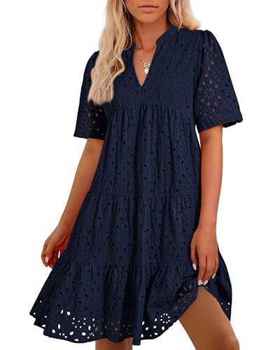 Image of BTFBM Womens Boho Summer Dresses 2026 Spring V Neck Short Sleeve Hollow Out Lace Ruffle Casual Beach Mini Vacation Dress