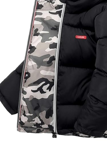 LUOUSE Boys' Reversible Winter Hoodie Coat Jacket with Zippered and Pockets, One Side Black and Camo on the Other, Ages 5-104