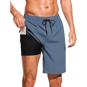 SILKWORLD Men’s Swim Trunks with Compression Liner Quick Dry Bathing Suits 9 Inch Swimming Shorts with Cargo Pockets