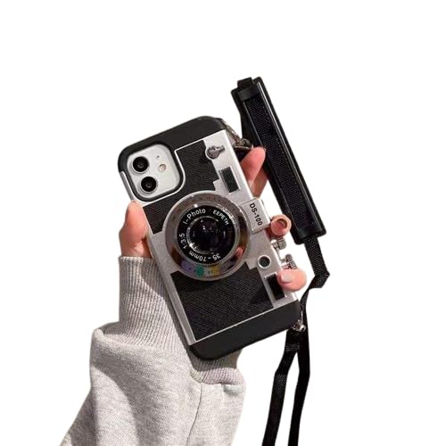 Image of Retro Camera Design Phone Case with Neck Strap for iPhone 13 Pro, Vintage Style Protective Cover, Grey (iPhone 16 pro)