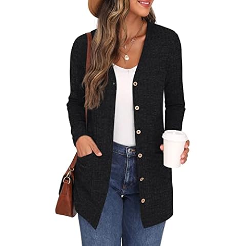 GRECERELLE Womens Cardigan Long Sleeve Open Front Cardigans Button Down V Neck Ribbed Knit Lightweight Outerwear with Pocket (Black, L) Cover