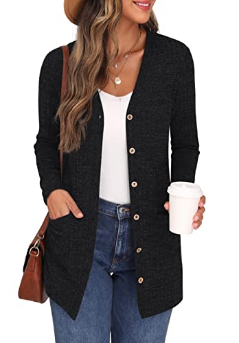 GRECERELLE Damen Lang Strickjacke Herbst Leichte mit Taschen und Knöpfen Weiche Long Elegant Gerippt Cardigan V-Ausschnitt Langarm über Top Kleid (Schwarz, XXL)
