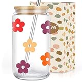 Coolife Retro Daisy Glass Cup, Cute Coffee Cups, Aesthetic Drinking Glass Cup w/Bamboo Lid Straw - I