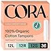 Cora Organic Cotton Tampons with BPA-Free Plastic Compact Applicator; Chlorine & Toxin Free - Variety Pack - Light/Regular/Super (36 Count)