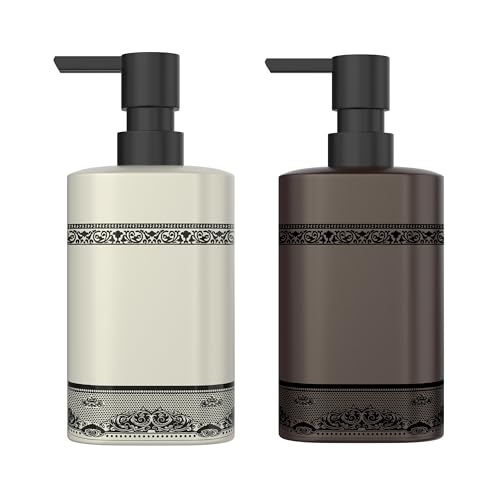 Image of Rioware Ceramic Soap Dispenser Hand Wash Bottles for Basin | Multipurpose Refillable for Liquid Shampoo, Kitchen, Bathroom, and Household Use | 300Ml, Pack of 2 - Ivory White & Taupe Grey