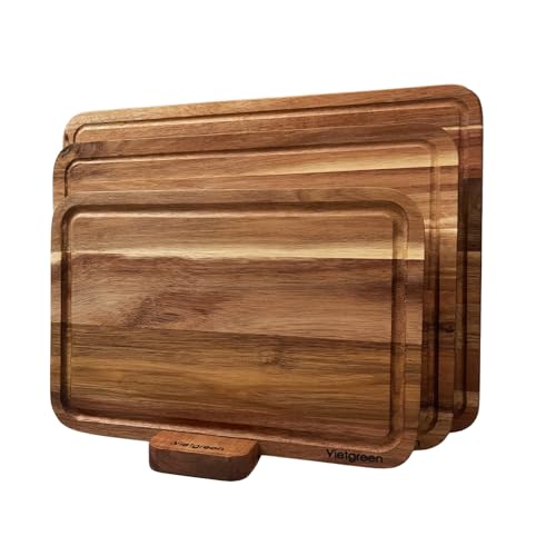 Acacia Wood Cutting Board Set of 3 with Stand (16"x12", 14"x10", 12"x8"), Edge Grain Charcuterie & Serving Boards with Juice Grooves & Handles by VIETGREEN - Used condition - US$24.23
