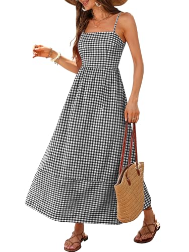 Image of Caracilia Womens Maxi Dresses Gingham Spaghetti Strap Back Smocked Flowy Long Sundress Summer Beach Vacation Clothes 2026