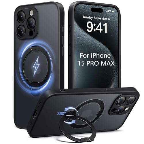 DIBRELL Upgraded Magnetic for iPhone 15 Pro Max Case [Unbreakable & Magnetic Stand] [Military-Grade Protection] [Phone Case Compatible with MagSafe] Slim Translucent Matte Shockproof Phone Cover Black