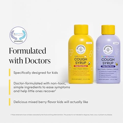 Image of Beekeeper's Naturals Kid's Cough Syrup Value Pack 2-Pack 4 fl oz Each | Value Pack, Immune Support with Elderberry, Vitamin C, D, Propolis & Raw Honey, Soothing, Clean Ingredients