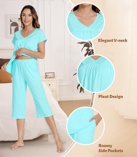 Image of NACHILA Pajamas for Women-Viscose Made from Bamboo, Short Sleeve Sleepwear Top Cooling Capri Pants Pajama Set V Neck Pjs
