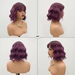 Wigs for Women Short Bob Wig with Bangs, Synthetic Wavy Curly Black Hair Wigs for Black Women, Natural Looking Textured Short Wigs for Daily Use. (Dark Purple) - Image 4