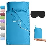 Cozysilk Sleeping Bag Liner with Zipper - Pure Cotton Sleep Sack Adult - Travel Sheet for Hotel & Backpacking, Pure Silk Sleep Mask Included (Lake Blue, Single - 33.5 x 87 inch)