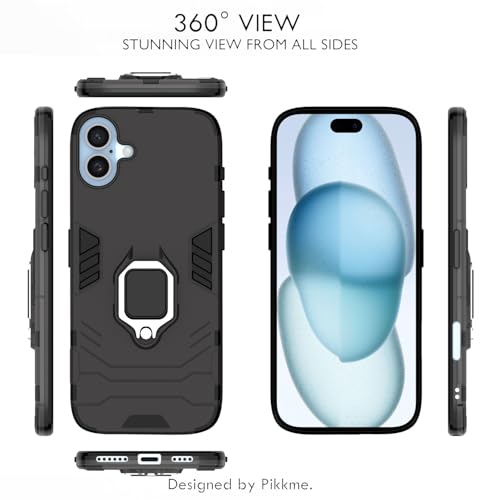 Image of Pikkme D5 Tough Armor Back Cover | 360 Protection Case | Ring Holder Stand Bumper Case for iPhone 16 Plus (Black)