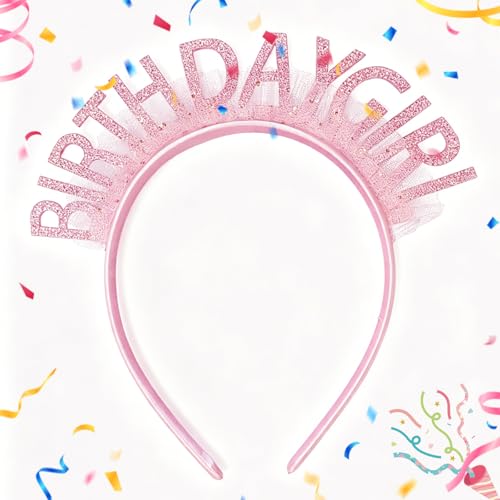 ELLOPH Birthday Girl Headband Pink Glitter Tulle Birthday Tiara Crown for Girls & Women, Lightweight Happy Birthday Headband, Birthday Girl Outfit Accessories Decorations