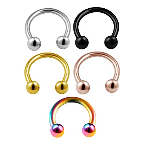 BanaVega 5PCS Stainless Steel Rose Black Horseshoe Hoop 16g 5/16 8mm 3mm Ball Lip Earrings Septum Helix Conch Piercing Jewelry 0183