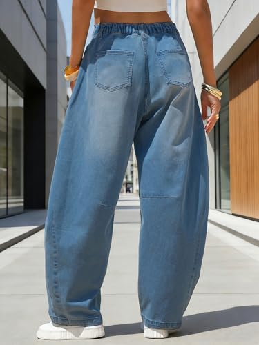 Image of EXLURA Womens Barrel Jeans Wide Leg Y2K Boyfriend Denim Pants Hip Hop Vintage Baggy Jeans Cotton Mid-Low Elastic Waist Pants