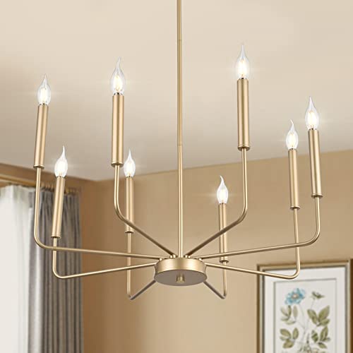 Woknos Modern Gold Farmhouse Chandeliers, 8-Light Industrial Metal Chandelier Lighting, Classic Candle Hanging Pendant Light Fixtures For Kitchen Bedroom, Dining Room, Living Room,Foyer Ul Listed #TOP22