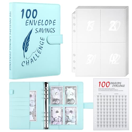 MUQING 100 Envelope Challenge Binder, Money Saving Envelopes for Cash Challenge, Saving $5050 Budget Planner Book, 25 Sheets Silkscreen to Digital 100 (Blue)