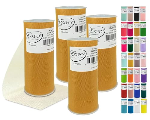 Expo International Decorative Matte Tulle, Lightweight Polyester Tulle Fabric for Tutus, Costumes, and Party Decorations, Washable, Easy-to-Use, 6 Inch x 25 Yards (Pack of 4), Gold