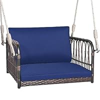 COSTWAY Patio Porch Swing Chair, Outdoor Single Person Hanging Seat with Back and Seat Cushion, Rattan Woven Hammock Chair for Balcony & Backyard