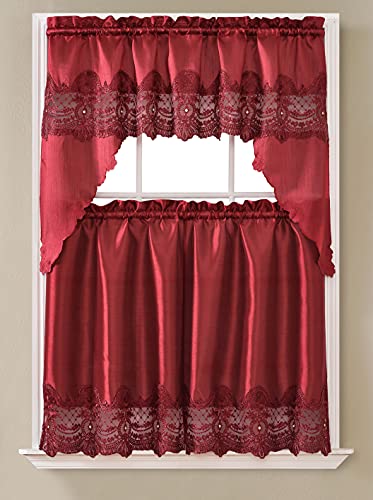 Linentopia 3 Piece Kitchen Curtain Linen Set - 2 Tiers 30" W (Total Width 60") X 36" L And 1 Swag Valance 60" W X 36" L-Solid Embroidery Kitchen Curtain Décor Linen Short Panels, (Andrea, Burgundy) #TOP10