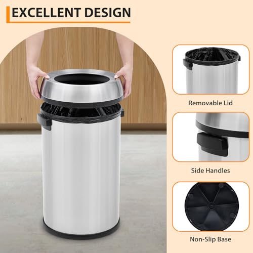 Image of 65L /17 Gal Commercial Trash Can, Round Open Top Trash Can, Large Capacity Waste Bin for Indoor /Outdoor Businesses Use, Stainless Steel Garbage Bin for Home Office Cafes Shopping Mall, Silver