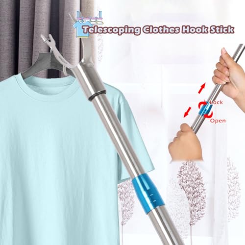 Perche télescopique avec crochet de 2,5m en acier inoxydable bleu pour dressing