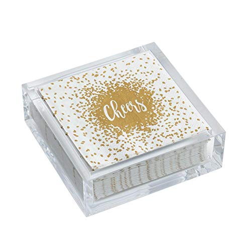Caspari Cheers In Gold Cocktail Napkins & Acrylic Holder Gift Set #TOP17