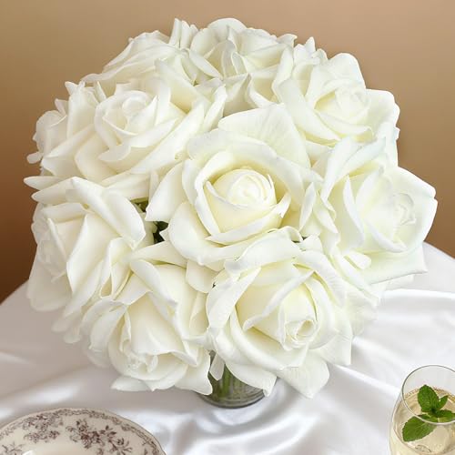 Gabotrie 10Pcs Artificial Roses Single Stem, 10.2 Inch White Roses Artificial Flowers, Silk Fake Rose Flower, Real Touch Faux Rose Flowers with Stems for Wedding Centerpieces Party Birthday Home Decor by Gabotrie - Used condition - US$8.45