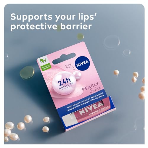 NIVEA Pearly Shine Lip Balm (4.8g), Lip Balm with Shea Butter, Natural Oils and Vitamins, Provides 24h Moisture and a Glamorous Shiny Touch, Nourishing Lip Care
