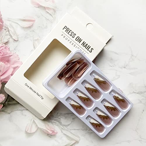 French Tip Press On Nails Medium Length Fake Nails Coffin Shape False Nails Gold Foil Acrylic Nails White Nail Tip Full Cover Glossy Stick On Nails Half Beveled Design Cute Glue On Nails For Women #TOP2